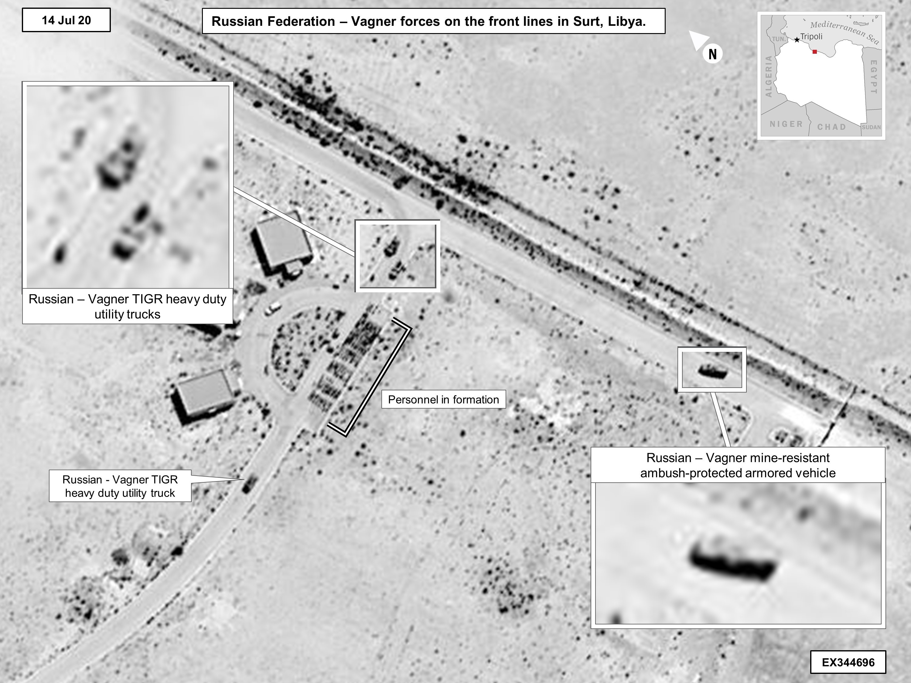 This 14 July, 2020, satellite image released by the US reportedly shows Wagner utility trucks and Russian mine-resistant, ambush-protected armoured vehicles in Sirte, Libya (AFP)