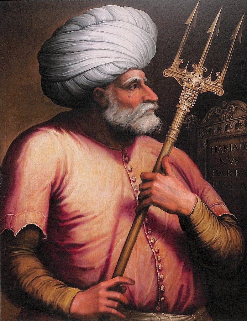 Représentation par un artiste inconnu de Khayr ad-Din (Hayrettin) tenant un trident, symbole de sa puissance navale, XVIe siècle (domaine public)