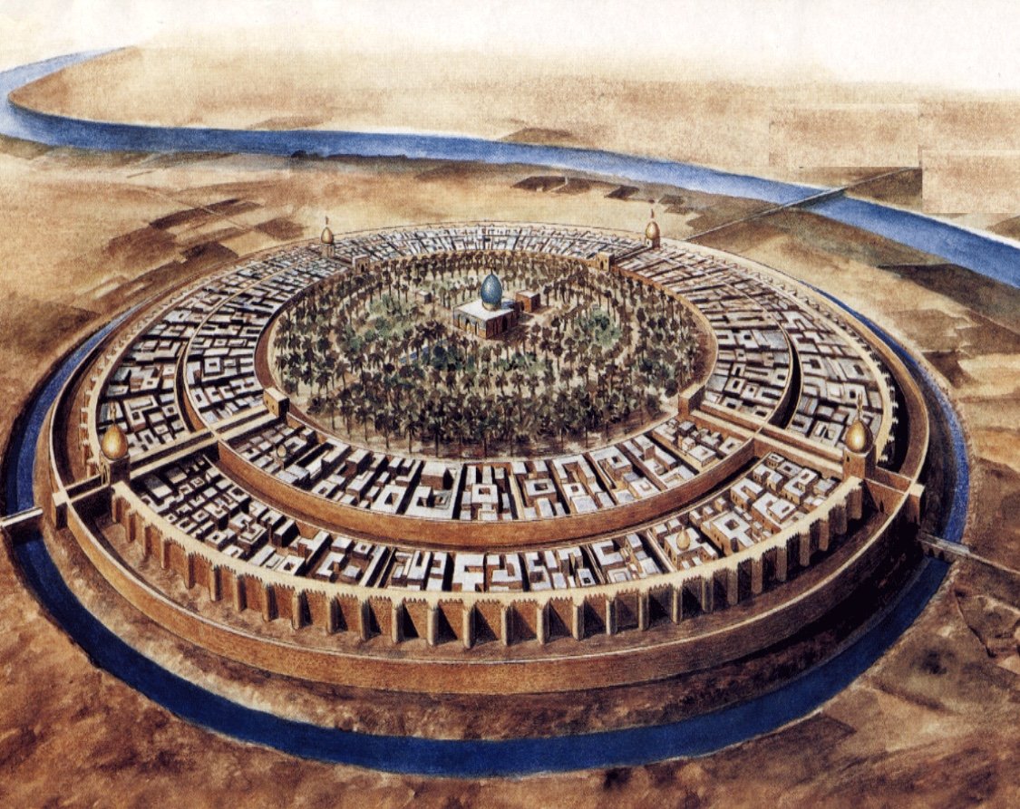 Illustration de Bagdad, surnommée la Ville ronde ou encore Madinat al-Salam, la « cité de la paix », en 762 (Wikiwand)
