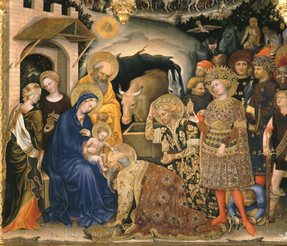 Arabic-style script can be seen on the clothing of some of the figures in "Adoration of the Magi", a 1423 painting by Gentile da Fabriano (Reproduced by permission of Interlink Publishing)
