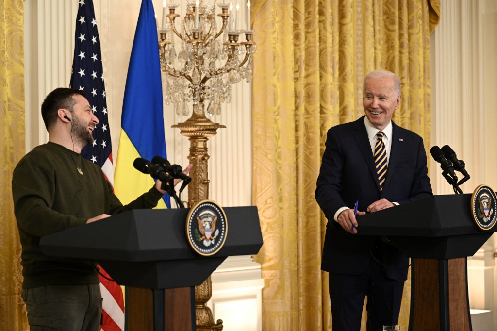 US President Joe Biden and Ukraine's President Volodymyr Zelensky hold a press conference in the East Room of the White House in Washington, DC, on December 21, 2022