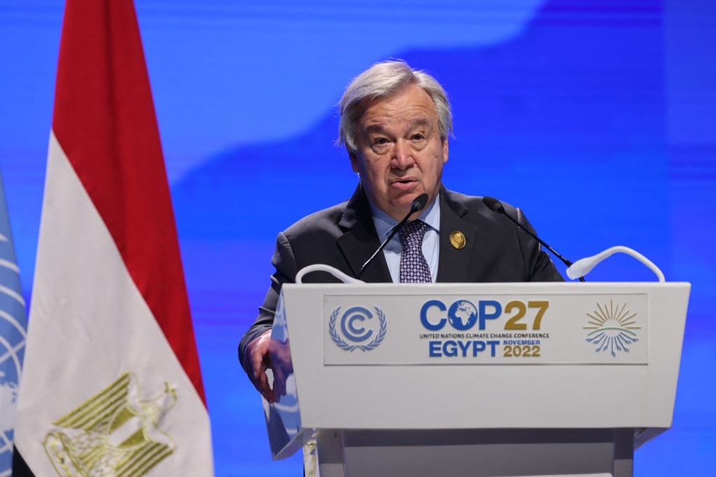 UN Secretary General Antonio Guterres speaks during the Cop27 climate conference in Sharm El-Sheikh, Egypt, on 9 November 2022 (AFP)