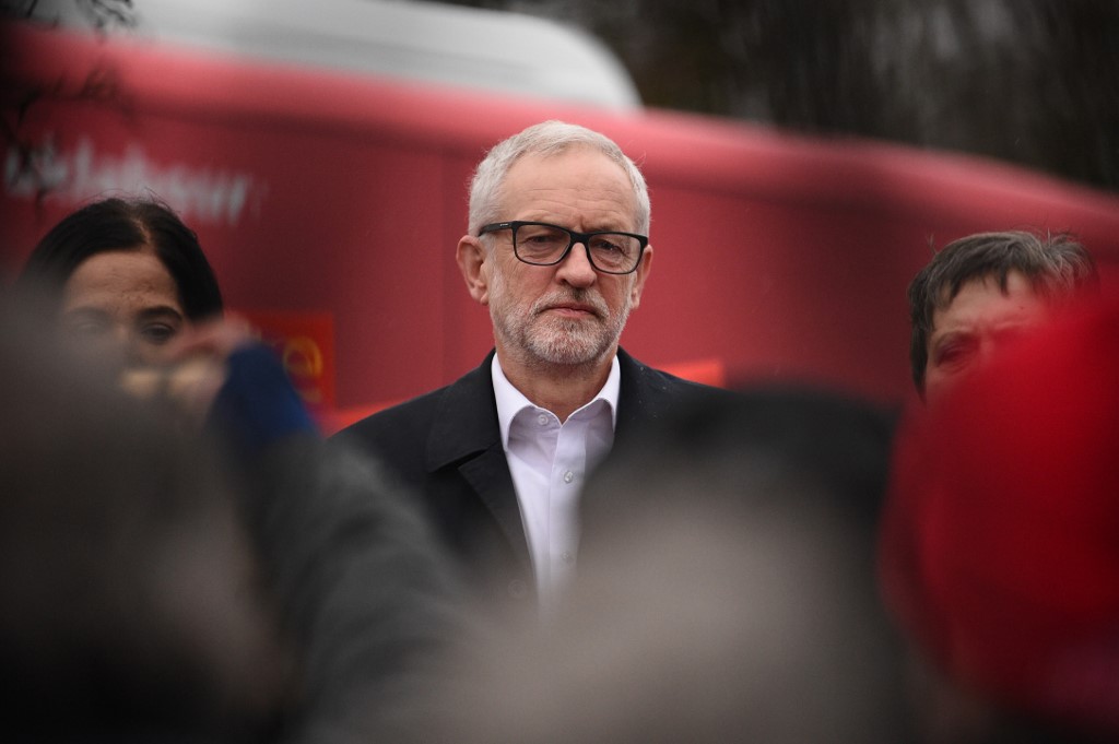 Former Labour leader Jeremy Corbyn is pictured in Bolton, England, in 2019 (AFP)