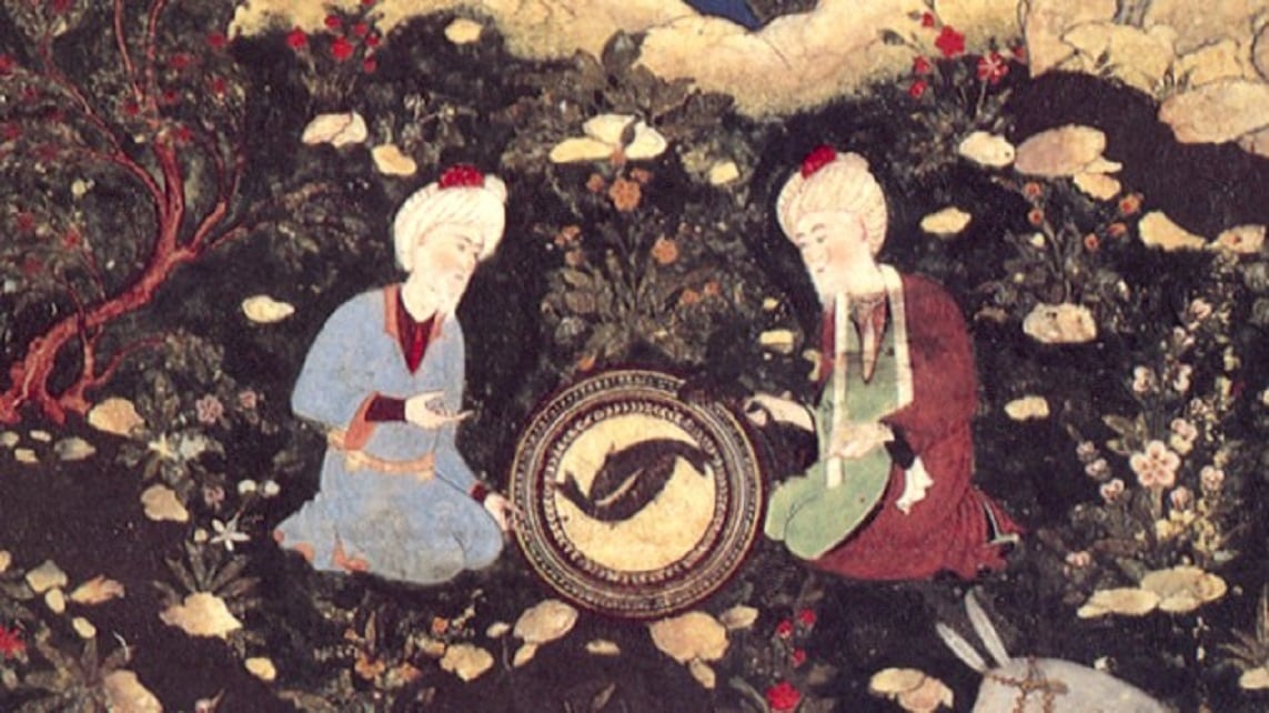 Al-Khidr (à droite) aux côtés d’un autre homme, probablement le prophète Elie, sur cette miniature persane (domaine public)