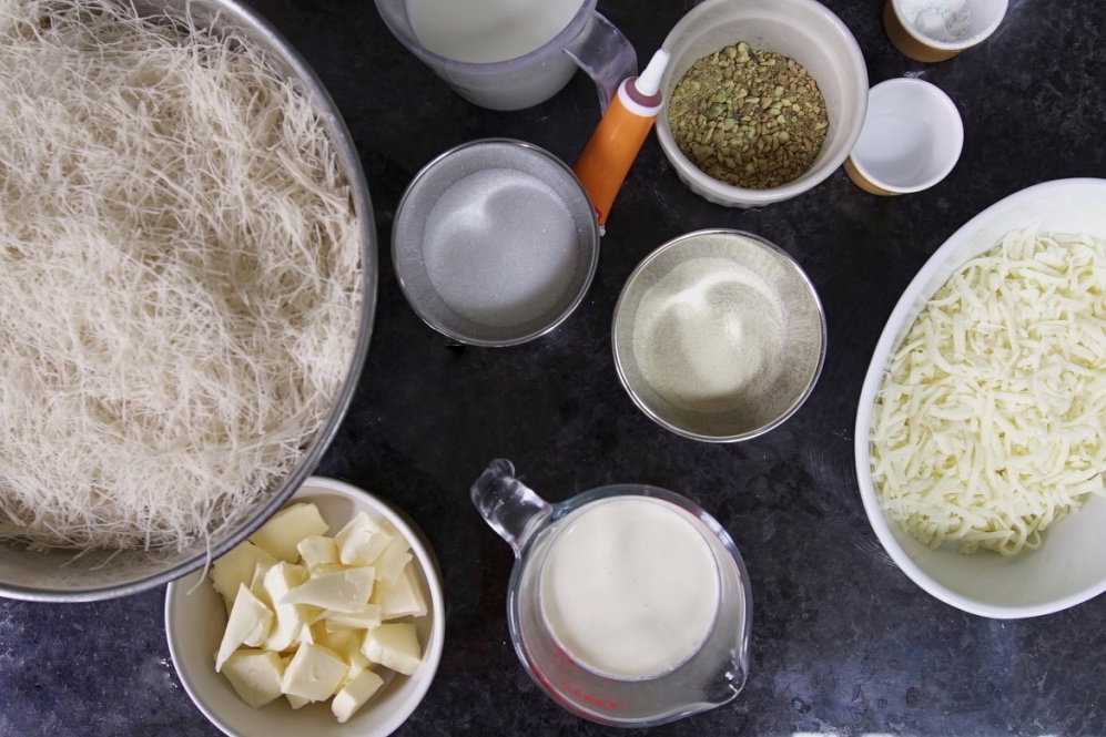 Mozzarella and semolina can give kunafa a creamy-cheesy pull (@babylonbakehouse)