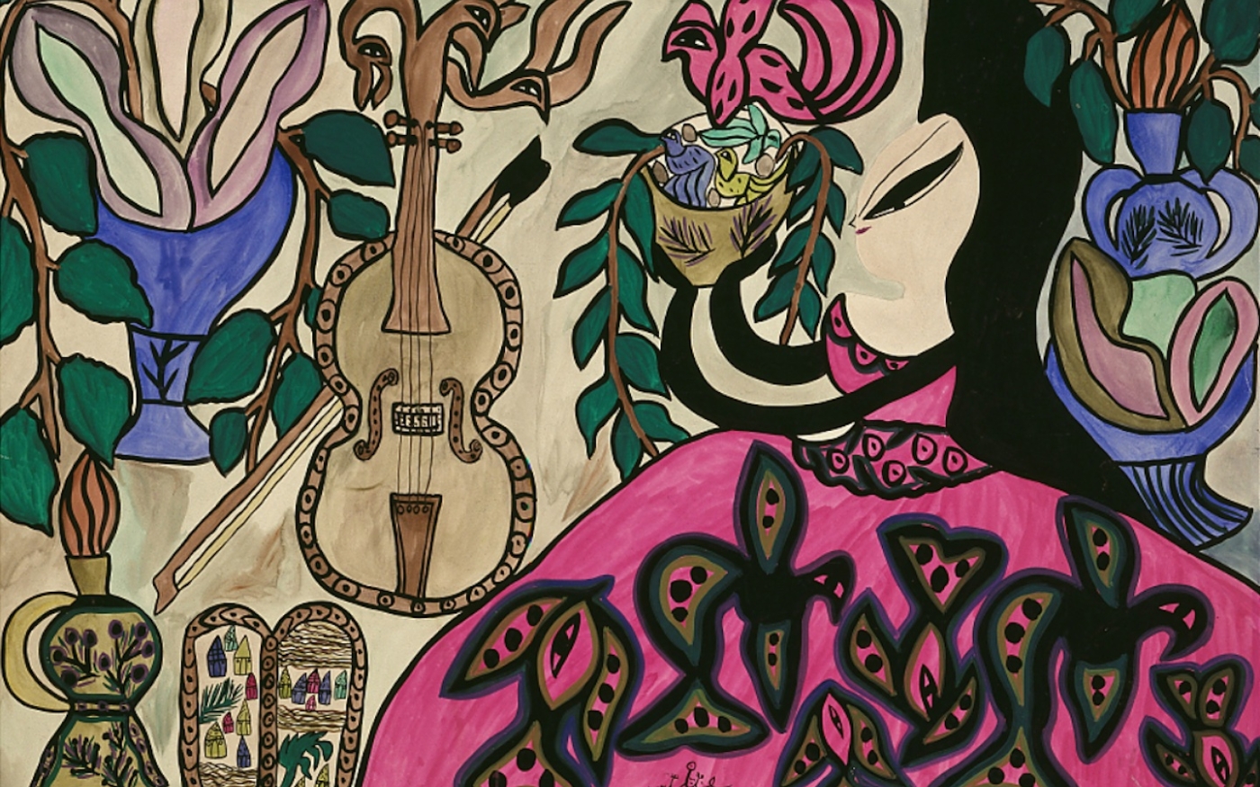 Baya, La Dame aux roses, 1967. Gouache sur papier. 101 x 152 cm. (Musée de l’Institut du monde arabe)