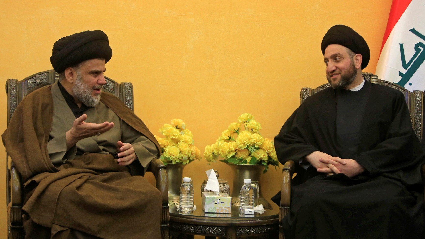Ammar al-Hakim (right) meets with Muqtada al-Sadr in Najaf in 2018 (Reuters)