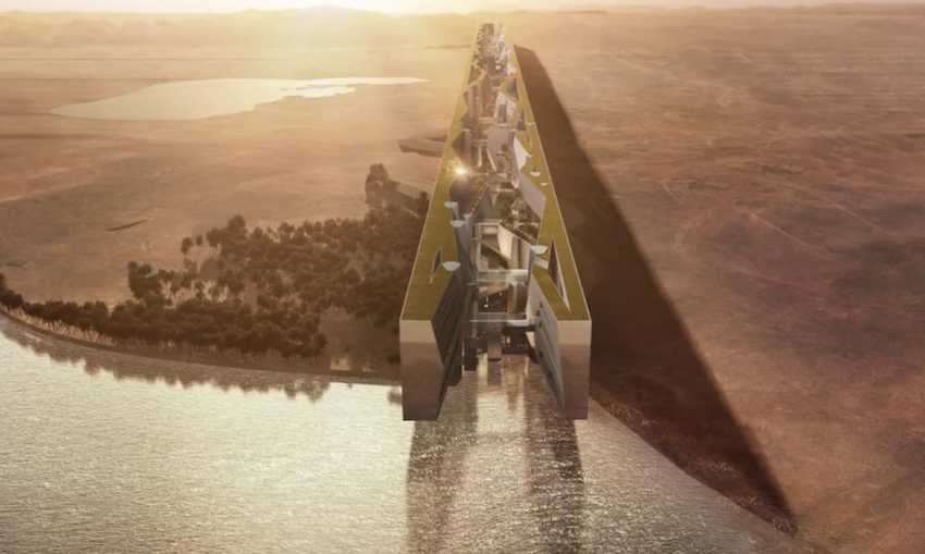 Les habitants de Mirror Line se divertiront dans un stade sportif à 300 mètres au-dessus du sol et auront accès à une marina pour ancrer leurs yachts sous une arche entre les deux gratte-ciels (Twitter)