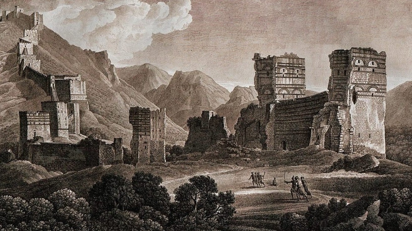 An engraving of the ruins of the Seleucid palace, which was destroyed during the 526 earthquake in Antioch, by artist Louis Francois Cassas (Public domain)