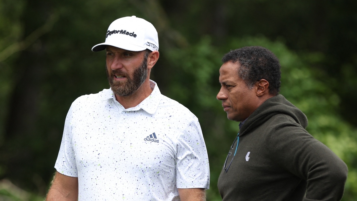 American golfer Dustin Johnson with Newcastle United director and chief executive of the Saudi Golf Federation Majed Al Sorour during LIV Golf Invitational at the Centurion Club in the UK on 8 June 2022.